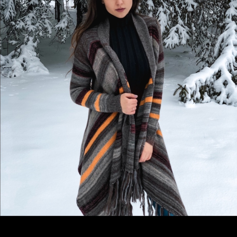 Grey and orange poncho sweater